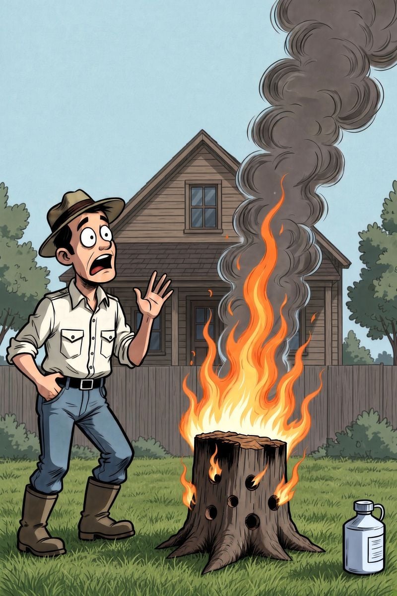 Cartoon of a man in a hat looking alarmed as flames and smoke pour from a tree stump with holes drilled in it.