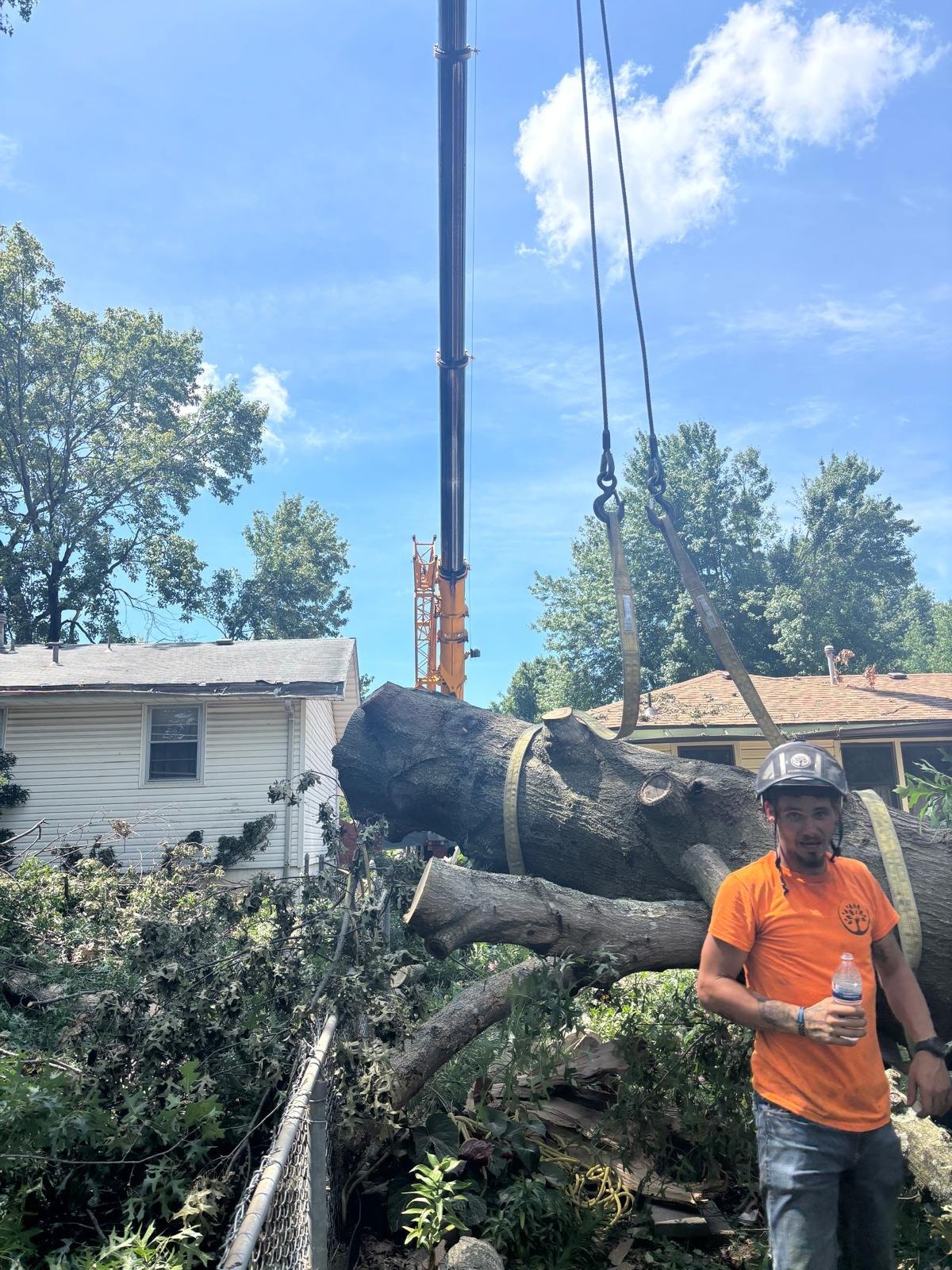 Trufast crew member below as a crane lifts a big trunk section off a house.
