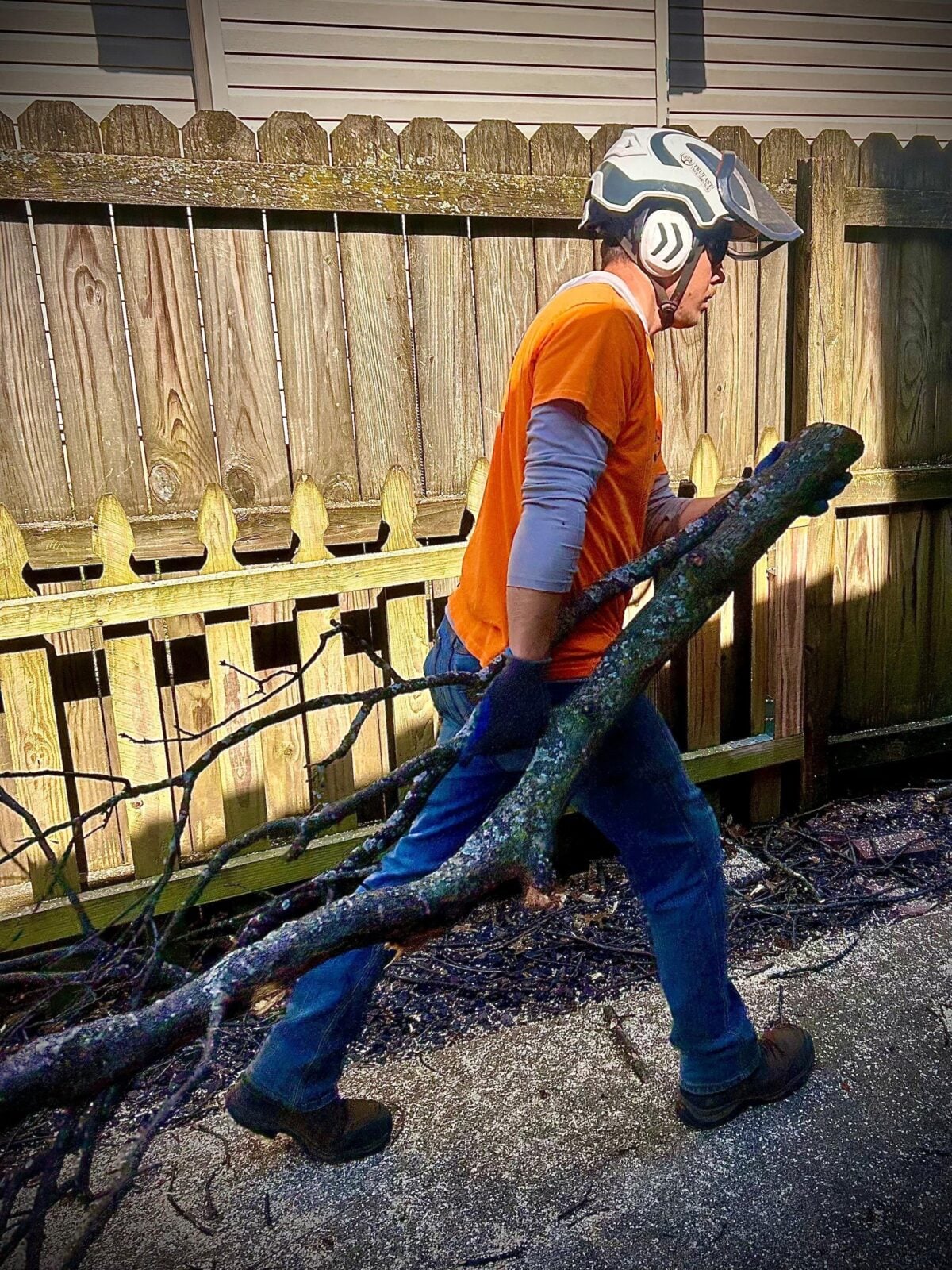 Trufast crew member in a helmet with ear protection carrying a cut limb along a backyard fence