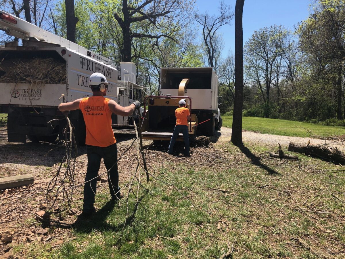 Two Trufast crew in helmets dragging brush to the chipper behind a lettered Trufast chip truck