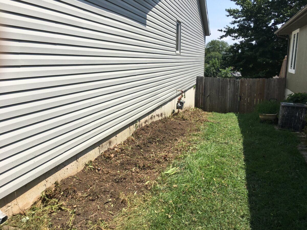 The same foundation bed cleared down to bare soil, the siding and foundation open again