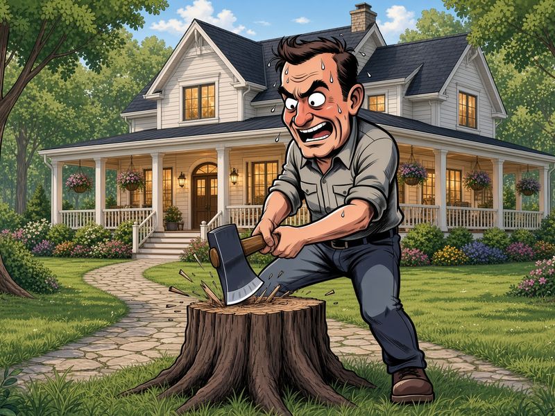 Cartoon of a sweating, wide-eyed man chopping at a tree stump with an axe in front of a white farmhouse.